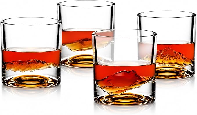LIITON American Peaks Heavy Crystal Whiskey Glasses Gift Set of 4, Thick Freezable Bourbon Glass 1lb Each, Premium Whiskey Gifts for Men, Frozen Crystal Chills Cocktails Collins Glass, 10 oz
