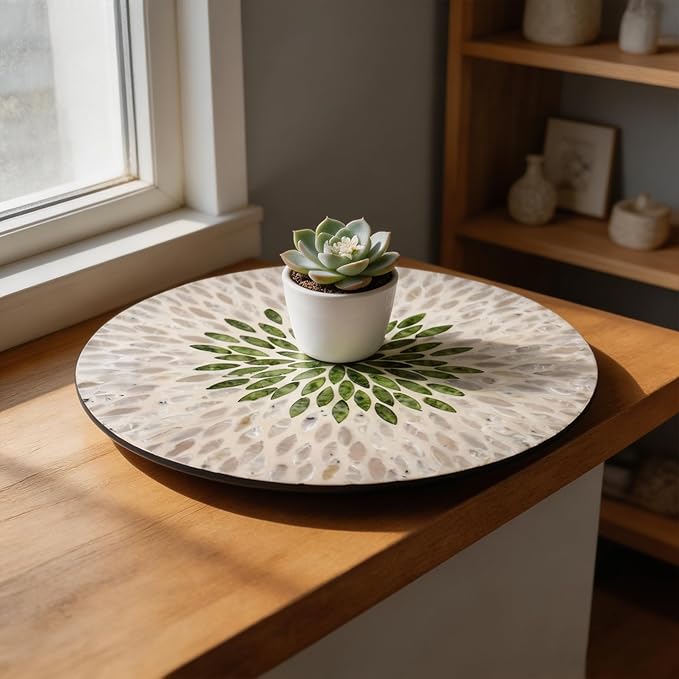 13.4" Mother of Pearl Lazy Susan, Table Centerpiece Round Shell Decorative Lazy Susan Turntable Rotating Tray Organizer for Cabinet Counter Gift Kitchen Office Cafe Home Decor (White Green)