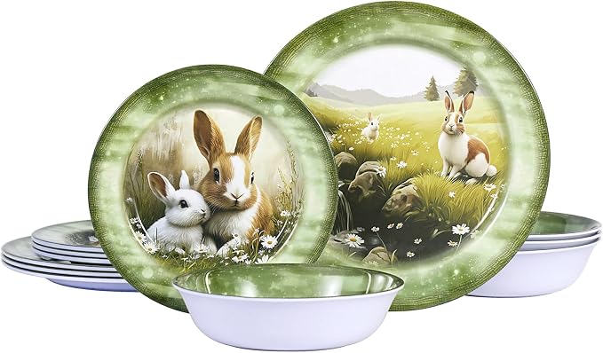 12-Piece Green Bunny Melamine Dinnerware Set，Garden Parties & Everyday Use | Lightweight Melamine Plate & Bowl Set for 4,Shatterproof Dishes Perfect for Family Gatherings & Stylish Dining Room Settings