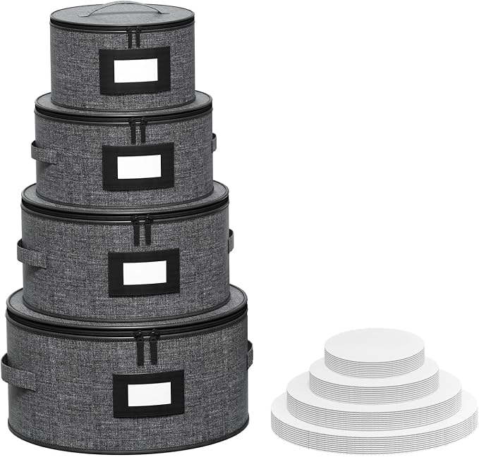Aokeyee 4-Piece Plate Storage Box, Hard Shell Storage Containers with 48 Soft Dividers for Saucer, Dessert, Salad & Dinner Plates, Sturdy Quilted Stackable Dish Organizer for Moving & Protection, Grey