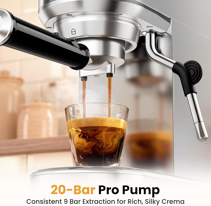 Espresso Machine 20 Bar, Compact Espresso Coffee Machine with Milk Frother, Stainless Steel Coffee Maker with 34oz Removable Water Tank, Cappuccino Machine for Home, Office, Latte (Silver)