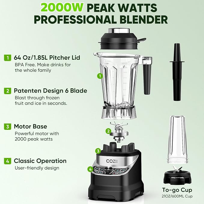 COZII Professional Blenders 2000W for Kitchen with 64oz Pitcher & 21oz To-go Cup, Quiet Blender for Smoothies/Ice Crushing/Frozen Drink/Nut Milk, 7 Preset Programs & 8 Speed Control, Dishwasher Safe