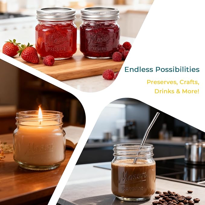 CycleMore 18 Pack 8 oz Mason Jars with Airtight Lids, Embossed Design Glass Canning Jars - Half Pint Jelly Jars for Jam, Pickling, Crafts, Wedding Favors & Home Decor