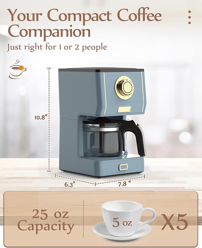 Amaste Coffee Maker, 5 Cup Coffee Pot with Three Brewing Modes, Retro Coffee Maker with Glass Carafe & Reusable Coffee Filter, Drip Coffee Maker Ideal for Home or Office, Warming Plate, Ash Blue