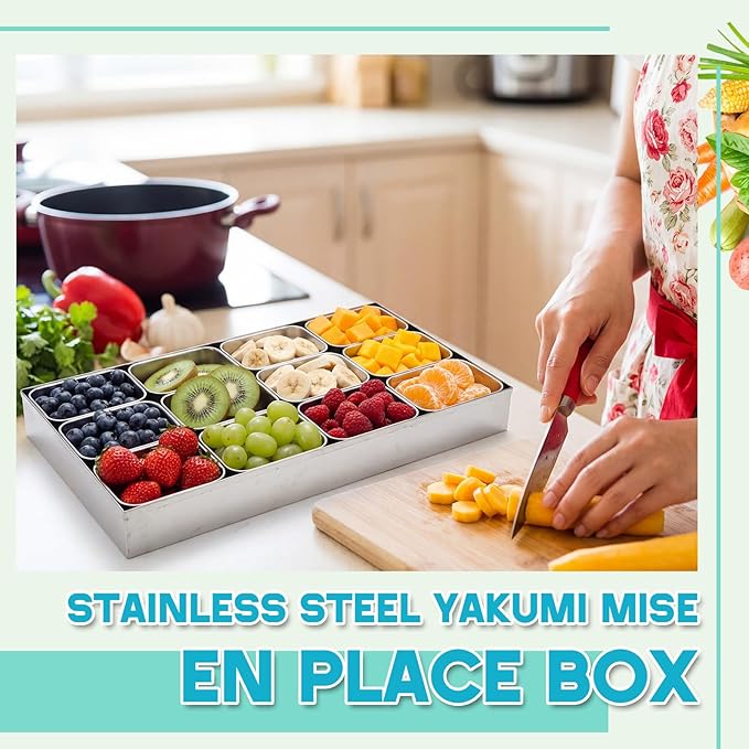 Boao 12 Compartment 304 Yakumi Pans Stainless Steel Seasoning Condiment Container with Lids Spoons, Japanese Yakumi Pans Mini Sauces Salad Dressings Storage for Food, Herbs, Spices