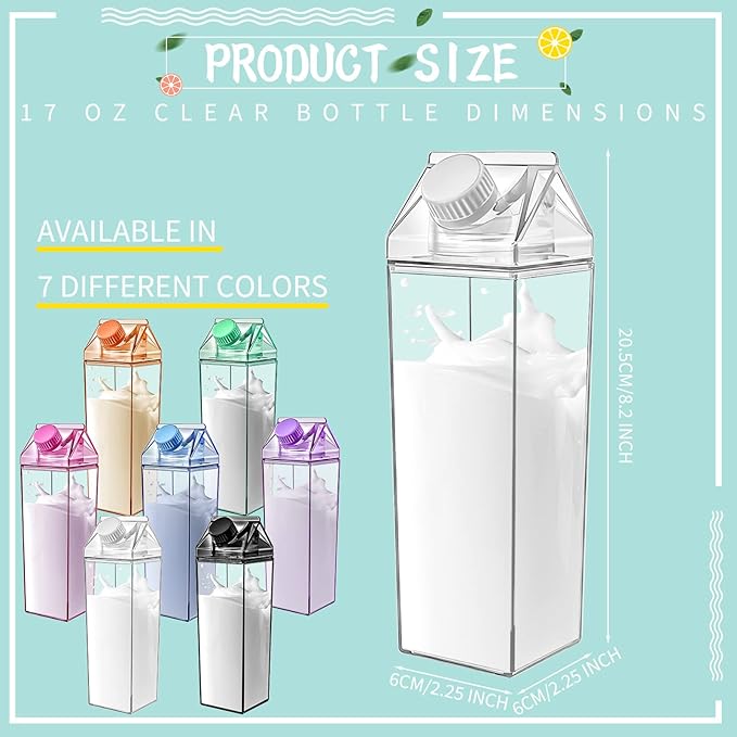 Foaincore 20 Pcs 17 oz Clear Milk Carton Water Bottles Bulk Plastic Square Milk Bottles Portable Reusable Leakproof Cup for Outdoor Fitness Gym Travel Camping Sports(Multi Color)