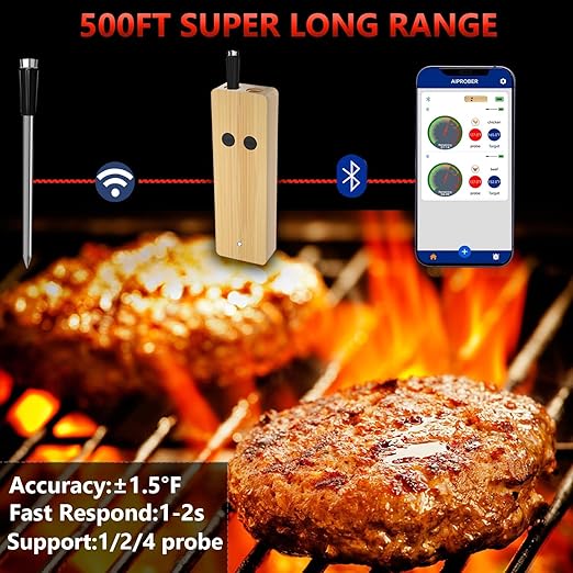 Wireless Meat Thermometer Digital for Cooking and Grilling - 2 Ultra-Thin Probe, 800FT Long Range Bluetooth Smart Meat Thermometer, Food Thermometer for BBQ, Oven Safe, Kitchen, Rotisserie,Smoker