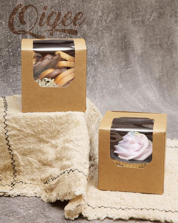 qiqee 60-Packs Cupcake Boxes Auto-pop up Individual Cupcake Container Brown Kraft 3.5" x 3.5" x 3.5" Single Cupcake Boxes