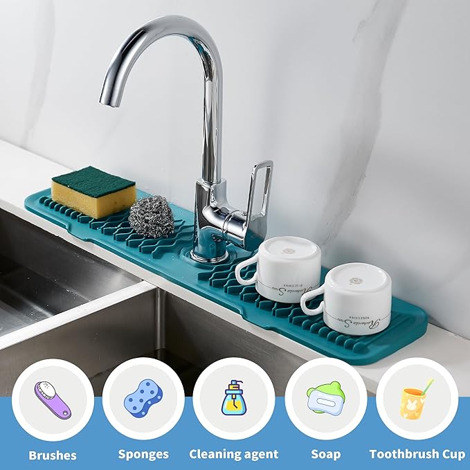 24 inch Sink Splash Guard Mat Green Dish Drying Mats Kitchen Sink Non-Slip Sink Water Splash Guard Behind Faucet Countertop Protect Kitchen Sink Splatter Screen Faucet Air Drying Mat Drip