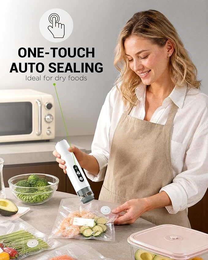 Compact Vacuum Sealer for Food, Cordless Handheld Vacuum Sealer Machine with 30 Reusable Bags, 1800mAh Rechargeable Portable Food Saver for Sous Vide, Meal Prep, Meat & Vegetables