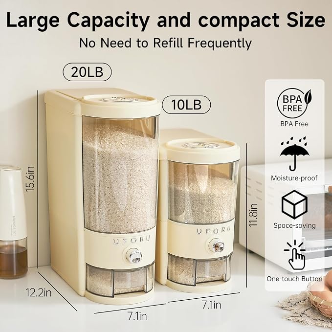 UFORU Rice Dispenser 20 lbs | Large Rice Storage Container for Kitchen&Pantry - Space-saving, Moisture & Pest-proof, BPA-Free - Dry Food Dispenser with One-Touch Dispenser & Measuring Cup for Families