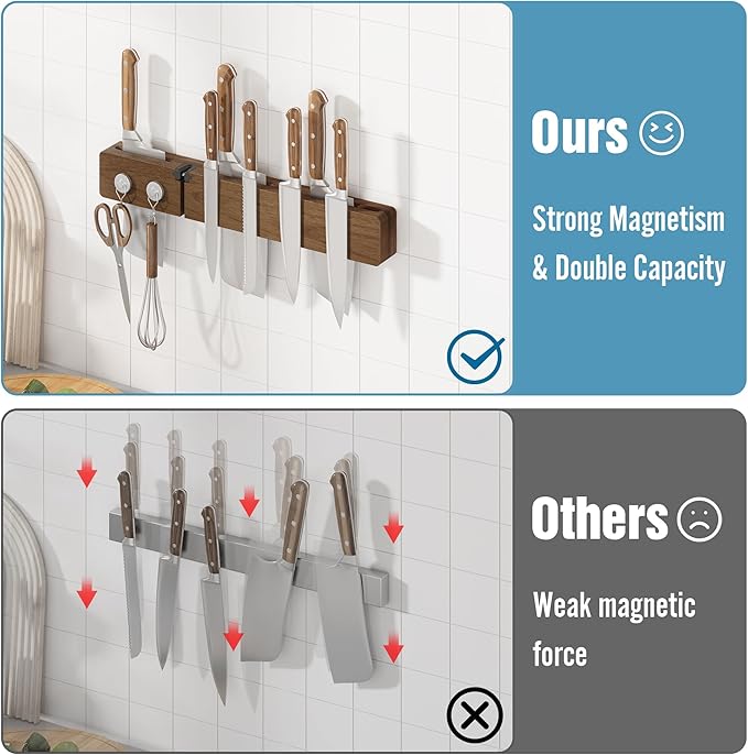 Magnetic Knife Holder for Wall, Acacia Wood Knife Magnetic Strip No Drill Knife Magnet Storage Bar Magnetic Tool Key Holder Strip for Kitchen Utensil Organizer (Dark Brown, 16 Inch Large)