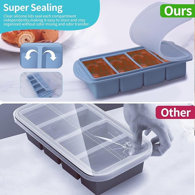 Silicone Freezer Molds Gift Set with 2 Tbsp, 1/2, and 1 Cup Silicone Freezer Trays With Lids - Meal Prep and Kitchen Essentials Bundle (Blue 6 Pack)