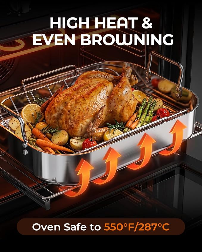 Stainless Steel Roasting Pan with Rack, Heavy-Duty Turkey Roasting Pan for Oven, Includes Two Bakinng Rack Insert, Perfect for Holiday Turkey & Everyday Meal Prep, Fits Up to 24 lbs Turkey