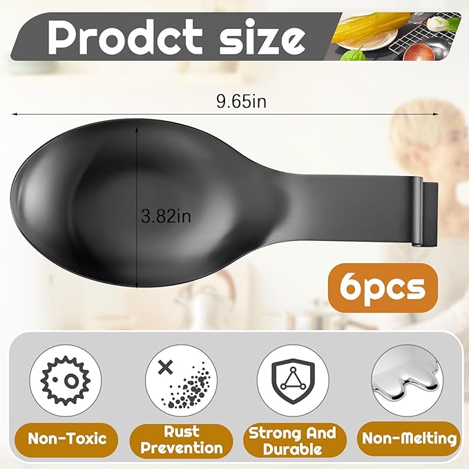 Nuanchu 6 Pcs Stainless Steel Spoon Rest Spatula Ladle Holder Spoon for Stove Top Heavy Duty Spatula Holder for Countertop Dishwasher Safe Utensil Rest for Kitchen, 3.8 x 9.6" (Black)