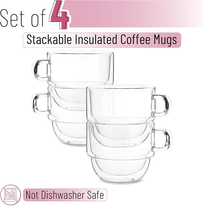 BTaT- Double Walled Stackable Glass Coffee Mugs, 16 oz, Set of 4, Glass Coffee Cups with Handle, Insulated Clear Coffee Mug for Hot and Cold Beverages, Cappuccino, Latte, Tea, Americano