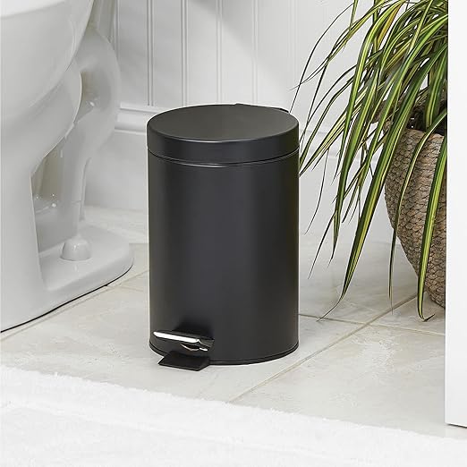 mDesign Pedal Bin — Metal Waste Bin with Pedal, Lid and Plastic Bucket Insert — for Bathroom, Kitchen, and Office — 3 Litre Household Rubbish Bin with Ergonomic Design — Black