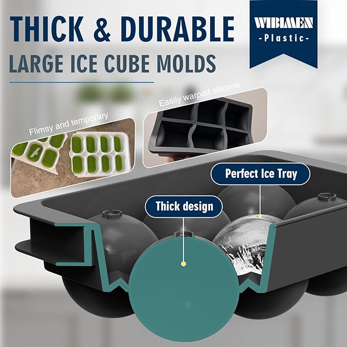 Large Ice Ball Maker Mold, 1.9" Round Ice Cube Mold for Whiskey Bourbon Cocktail, 6 Balls, Sphere Ice Mold, Big Ice Cube Tray with Container and Tongs, Easy to Fill & Release