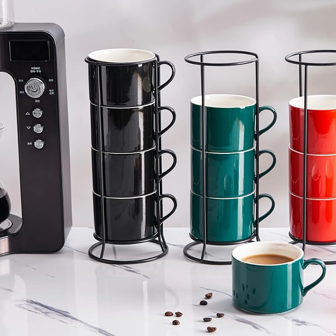10oz Porcelain Stackable Coffee Mugs and Metal Stand Set of 4, Espresso Cups Set for Hot Drinks, Cappuccino, Tea-Green
