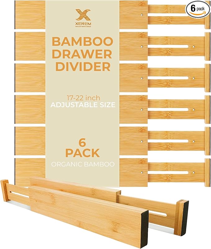 Adjustable Bamboo Drawer Dividers 6-Pack, 17-22 Inch Deep Expandable Drawer Organizer Set, Sustainable Spring-Loaded Bamboo Inserts for Kitchen, Bedroom, and Office Organization