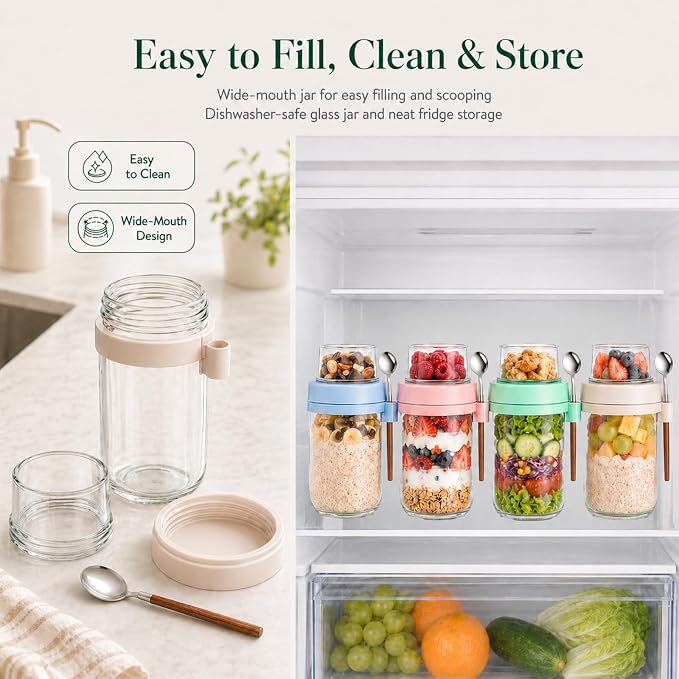 Yogurt Containers with Lids for Granola, 4 Pack Parfait Jars, Food Grade Glass, 20 oz Leakproof Overnight Oats Jars with Compartments for Oatmeal Salad Yogurt, BPA Free