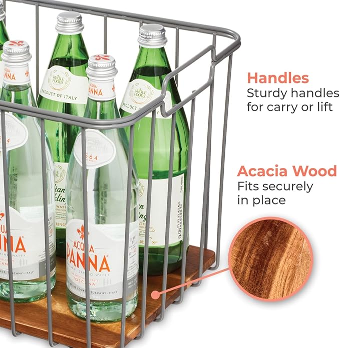 iDesign Ria Safford Collection Deep Pantry Wire Basket with Acacia Wood, 14.25" x 12.5" x 12", 15.25" x 12.5" x 12"