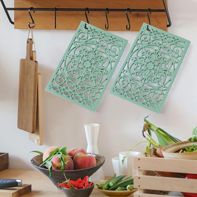 Notakia 9.6 x 6.3 Inch Cast Iron Trivet Set, Large Metal Trivets for Hot Dishes Pots Pans Decorative Kitchen Trivets, Heat-Resistant Trivet Mats for Quartz Countertops, Green Kitchen Accessories