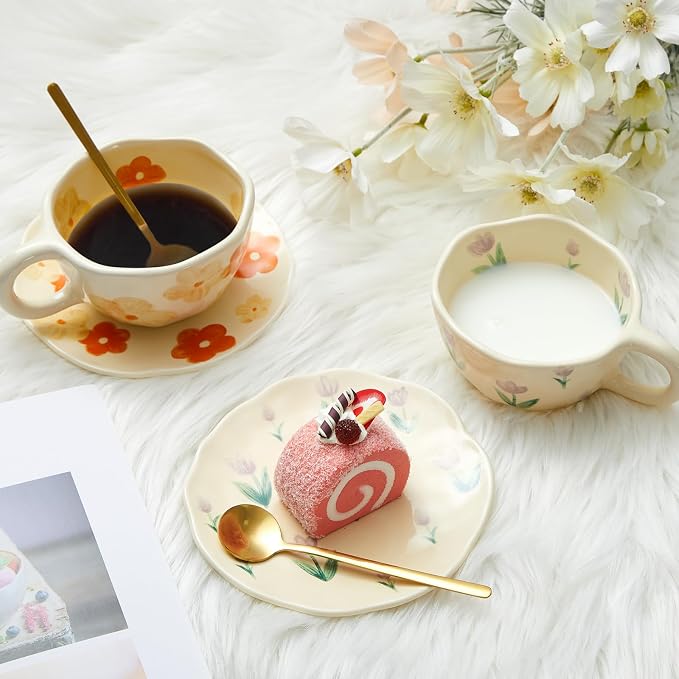 Vesici 4 Set Ceramic Coffee Mug Set with Saucer and Spoon Cute Mothers Day Gifts for Mom 8.5 oz Vintage Floral Tea Cup Aesthetic Mug Gift for Women, Dishwasher and Microwave Safe (Mixed Styles)