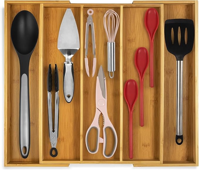 Expandable Kitchen Drawer Organizer - Utensil Drawer Organizer, Cutlery Tray & Silverware Organizer, Slots - Bamboo Organizer for Utensils & Flatware