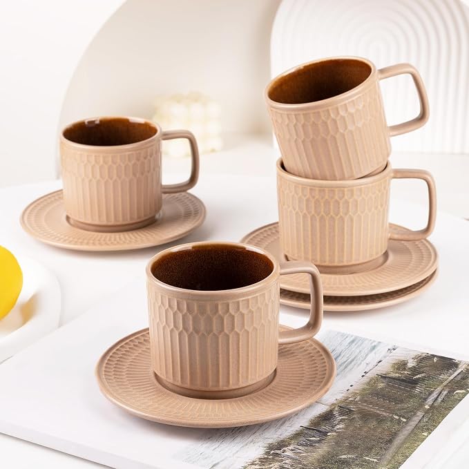 8oz Cappuccino Cups with Saucers Set of 4, 8 Ounce Stackable Embossed Ceramic Coffee Mugs for Specialty Coffee Drinks, Latte Mugs, Cafe Mocha and Tea, Dishwasher & Microwave Safe (Brown)