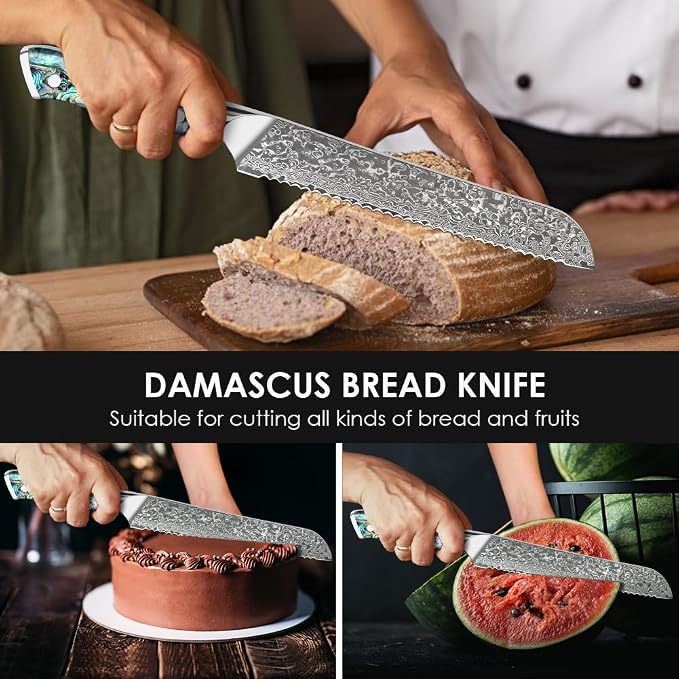 KEENZO Bread Knife,8 inch Multifunction Serrated Knife,Razor Sharp Professional Damascus Steel Cooking Slicer for Homemade Bread, Cake,Full Tang Ergonomic Abalone Shell Resin Handle,Gift Box