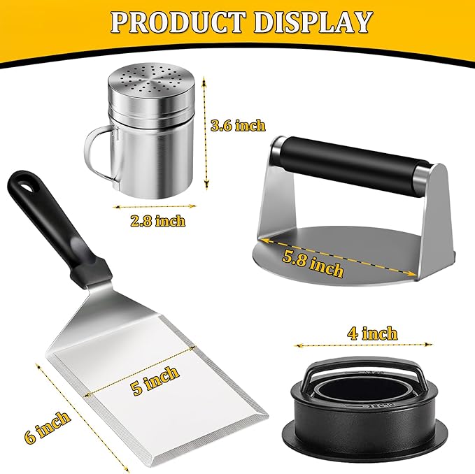 4PCS Grill Accessories for Blackstone, Stainless Steel Smash Burger Press Kit, Include Griddle Spatula, Bacon Press, Spice Dredge Shaker and Hamburger Press Patty Maker for Flat Top Cooking
