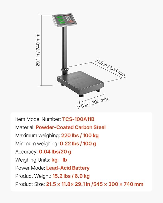 VEVOR Computing Digital Platform Scale, 220 lbs Load, 0.04 lbs Accuracy, Electronic Floor Scale with LB/KG, Tare, Price Calculator, AC/DC Power Supply, Fit for Luggage, Shipping, Packages, Postage