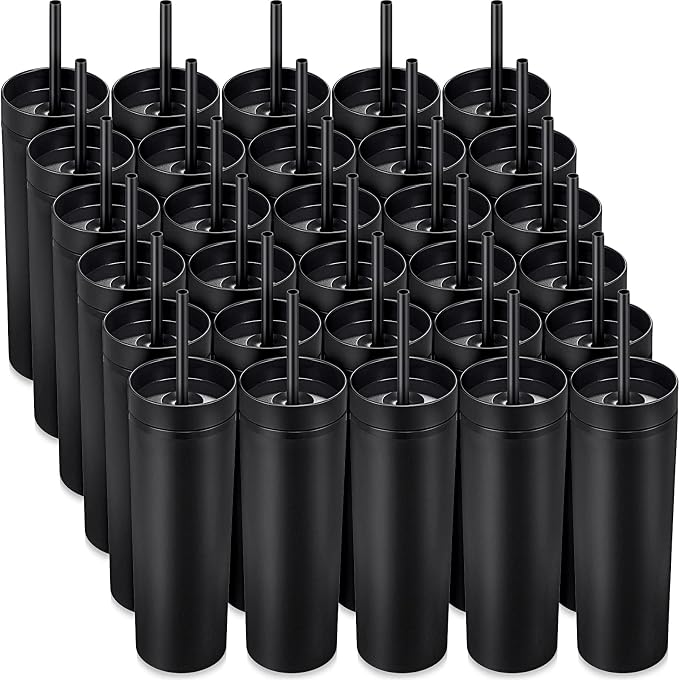 Mimorou 30 Pack Skinny Tumbler with Lids and Straws 16 oz Matte Acrylic Tumblers Straight Double Wall Plastic Reusable Cup Laser Engrave Customized DIY Gifts for Parties Birthday Home Office (Black)