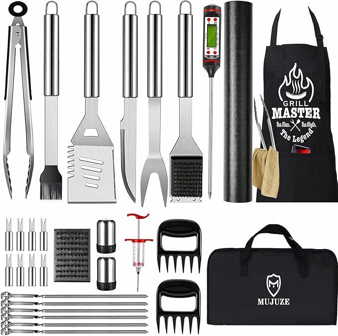 MUJUZE BBQ Grill Accessories Set,Grill Accessories Gifts for Fathers Day,BBQ Gifts for Men,31PCS Grilling Gifts for Men,Grilling Accessories with Apron for Dad,Barbecue Tool Sets