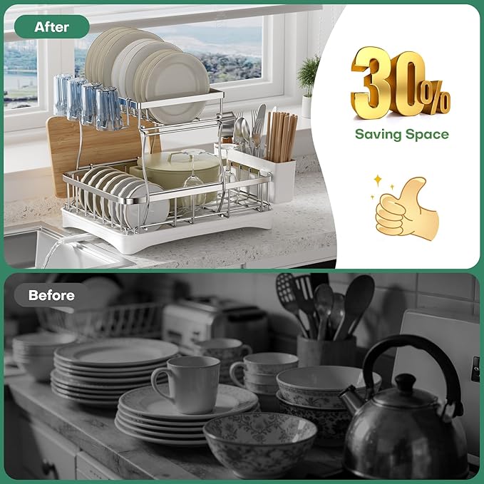 2 Tier Dish Drying Rack,Stainless Steel Dish Rack For Storing Knife Fork Pots&Pans,Dish Drying Rack With Drain Tray For Kitchen Countertops/Sinks,Silver Tiered Dish Rack With Retractable Drain Outlet