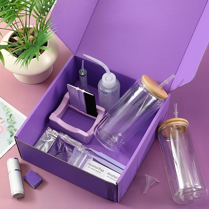 Baderke 20 Pcs Snow Globe Tumbler DIY Kit 16 oz Tumbler Squeeze Bottle, Glitter, Funnel Tweezer Silicone Cup Cradle Measuring Cup Glove Flashlight Buffer for Beginner(Purple,Classic)