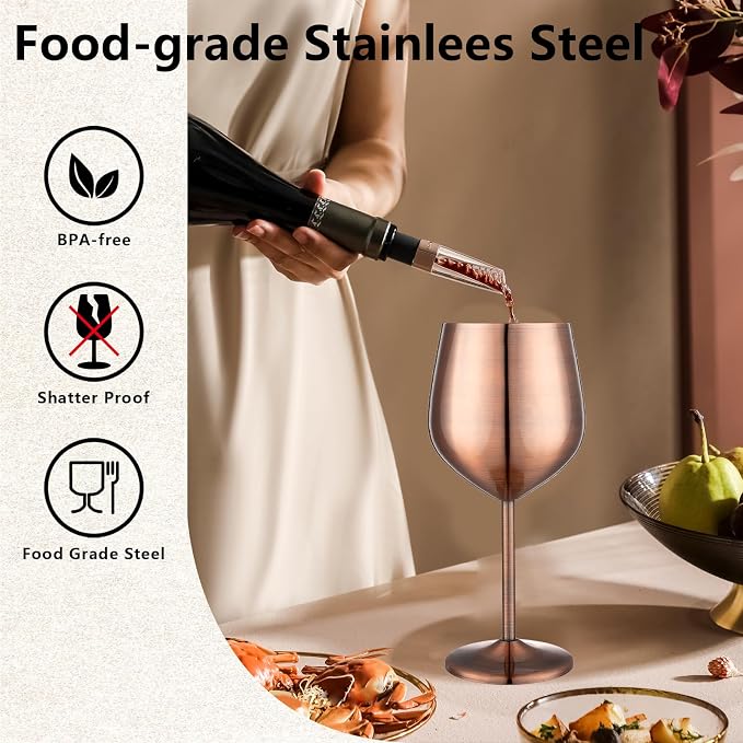 UNISWEET Stainless Steel Wine Glasses Set of 4 Unbreakable Wine Glass 18 oz Unique Metal Wine Goblets for Outdoor, Travel, Camping, Pool, Ideal Gift for Wine Lovers (Red Copper)