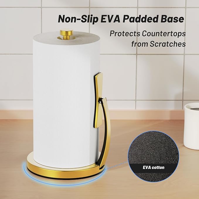 VEHHE Gold Paper Towel Holder Countertop, One-Handed Tear, Stainless Steel, Stand Paper Towel Holder with Spring Activated Arm & Non Slip Weighted Base, for Kitchen Bathroom