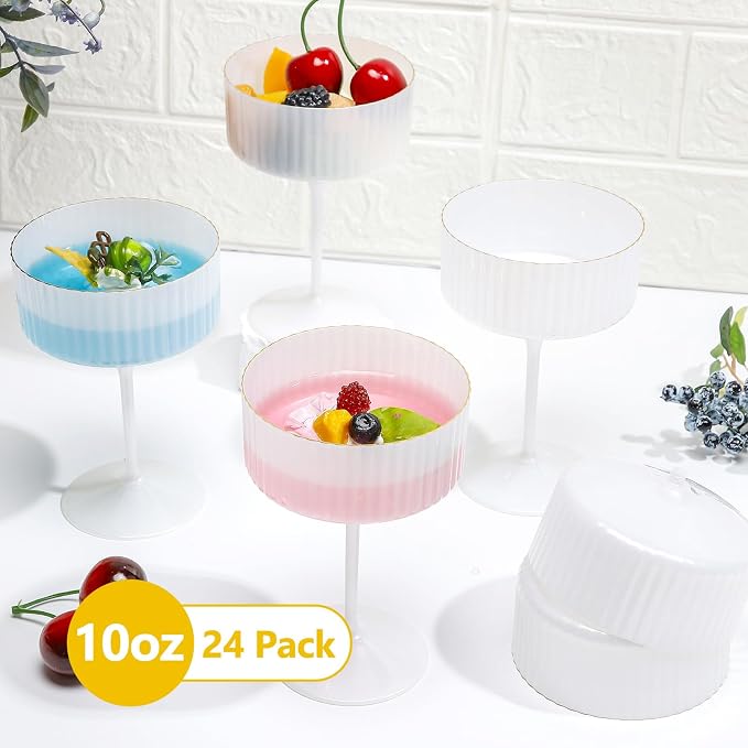 Jingmore 24 Pcs Ribbed Martini Glasses 10 oz Disposable Plastic Vintage Ribbed Coupe Glasses with Gold Rim Cocktail Unbreakable Dessert Parfait Glassware for Wedding Party Supplies (Pearl White)