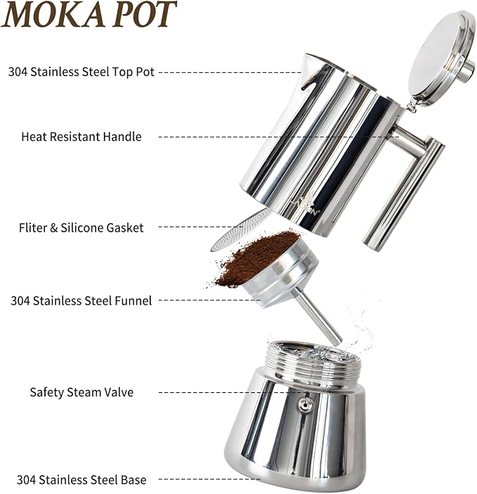 LAOION Stovetop Espresso Maker, 6Cup 10 oz Moka Pot, Stainless Steel Cuban and Italian Coffee Maker for Cafetera Cubana, Greca De Cafe Induction Stovetop Compatible, Coffee Gift for Home Travel