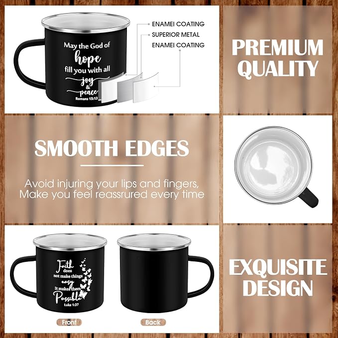 Mifoci Christian Enamel Mugs Gifts Inspirational Coffee Mugs with Handle Bible Verse Religious Camping Cups Church Party Favors for Church Clergy Pastor Men(Black,12 Pcs)