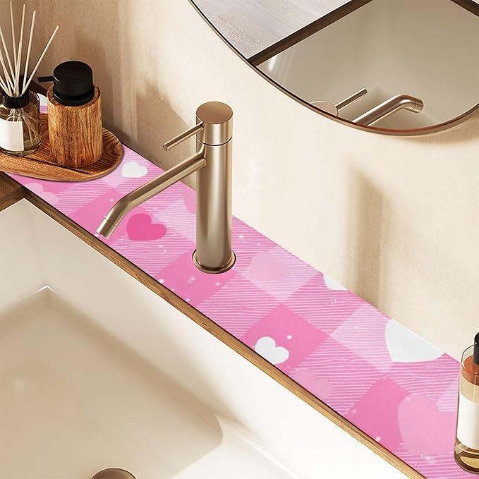 Kitchen Sink Splash Guard 2 PCS 14.7 Inch Sink Faucet Mat Splash Guard for Bathroom Countertop Water Absorbent Foldable Cuttable Soft Washable Plaid Checkered Pink White Hearts Dots