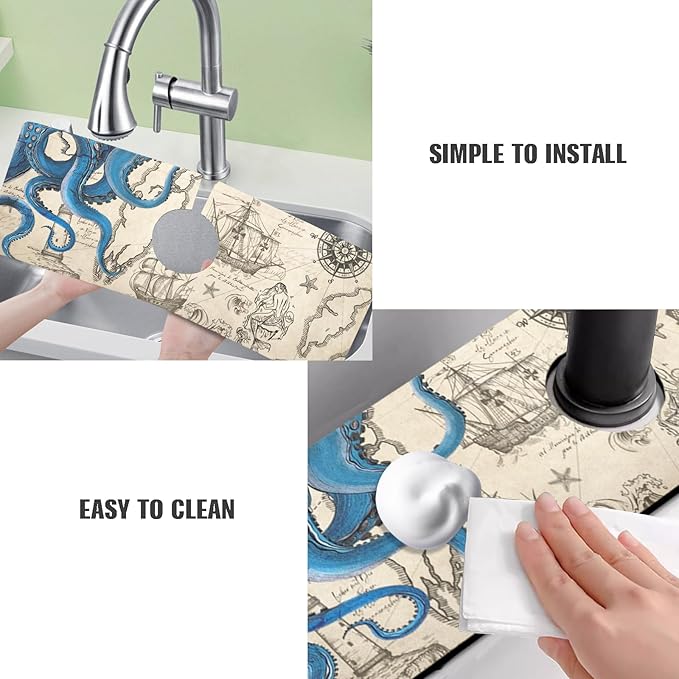 Sink Faucet Absorbing Mat, 2 Pack Drying Mat Around Faucet Sink Splash Guard Behind Faucet Sinkmat For Kitchen Bathroom Island Rv 24 * 5.5 Inch (60 * 14 cm)