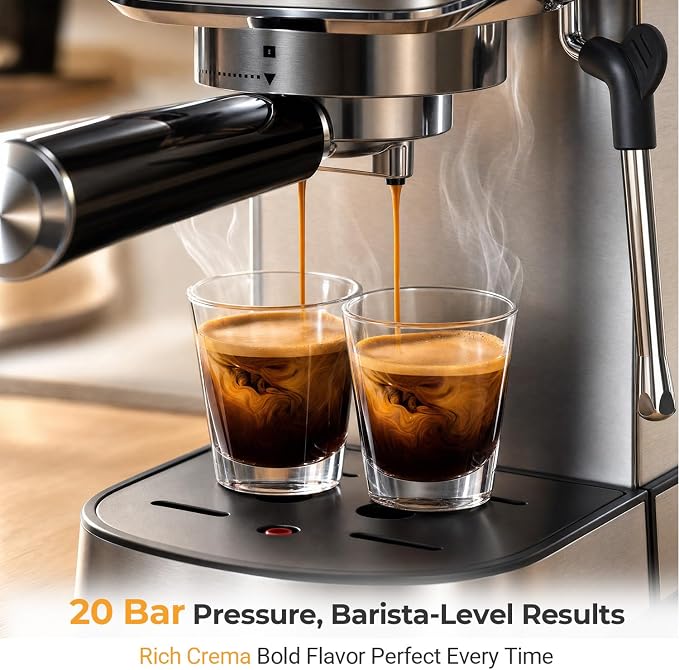 Espresso Machine 20 Bar, 1350W Expresso Coffee Machines with Milk Frother,Stainless Steel Espresso Maker with 39oz Removable Water Tank for Cappuccino, Latte(Silver)