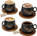 Yundu 10oz Cappuccino Cups & Wooden Saucers Set with Gold Floral Art, Latte Art Cup for Espresso, Coffee & Tea, Modern Matte Black Ceramic Tea Cup Set of 4