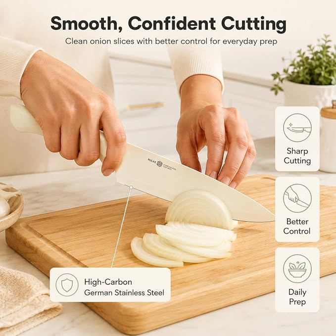 17-Piece Kitchen Knife Set with Block and Built-in Sharpener, High-carbon German Stainless Steel, Non-stick Anti-rust Coatings, Ergonomic Handles, Cream