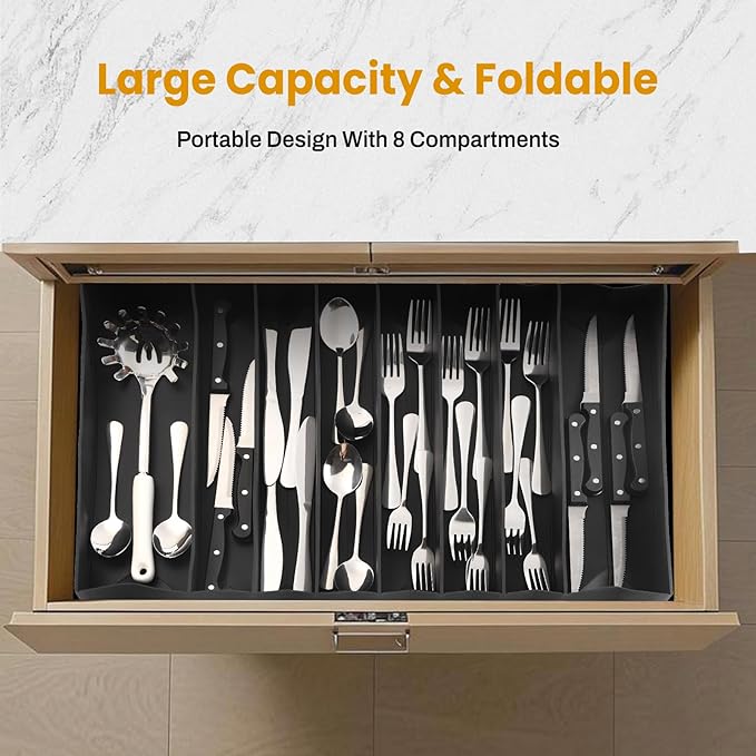 DEPOZA Silicone Silverware Drawer Organizer, Expandable Utensil Tray (3.9-22.4" W, 14.9" D, 1.9" H), 8-Compartment Cutlery Holder with Knife Section, BPA-Free, Non-Slip, Black