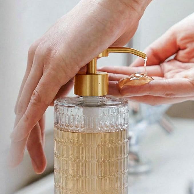 Elegant Fluted Glass Soap Dispenser with Stainless Steel Pump, 17oz Vintage Art Deco Style Clear Ribbed Glass Bottle for Bathroom, Dish Soap Dispenser for Kitchen (Gold Pump)