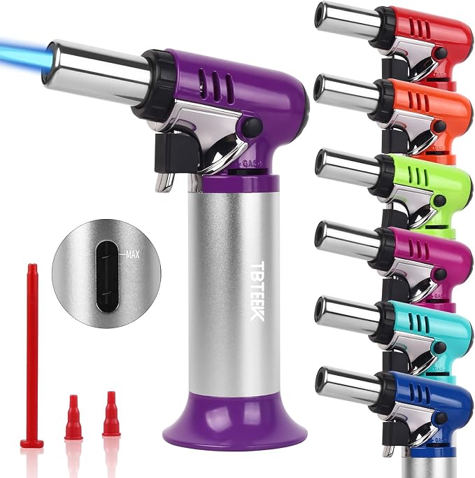 TBTeek Butane Torch with Fuel Gauge T907, One-hand Operation Kitchen Torch Lighter with Adjustable Flame for BBQ, Baking, Brulee Creme, Crafts and Soldering(Butane Gas Not Included), Purple